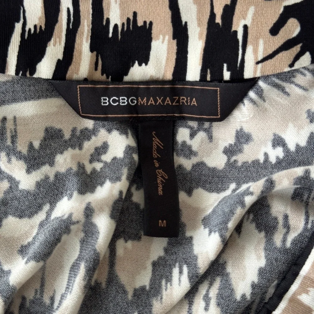 BCBGMaxazria Abstract Tribal Print Shift Dress Tan Black 3/4 Sleeve M - Picture 6 of 7